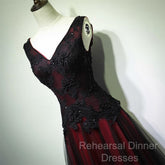 Black And Tulle V-Neckline Beaded Lace Long Party Dress, A-Line Semi Formal Prom Dress Evening Dresss